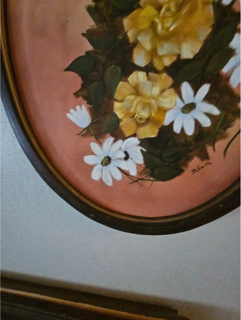 Vintage Floral Painting in Wooden Oval  Frame
